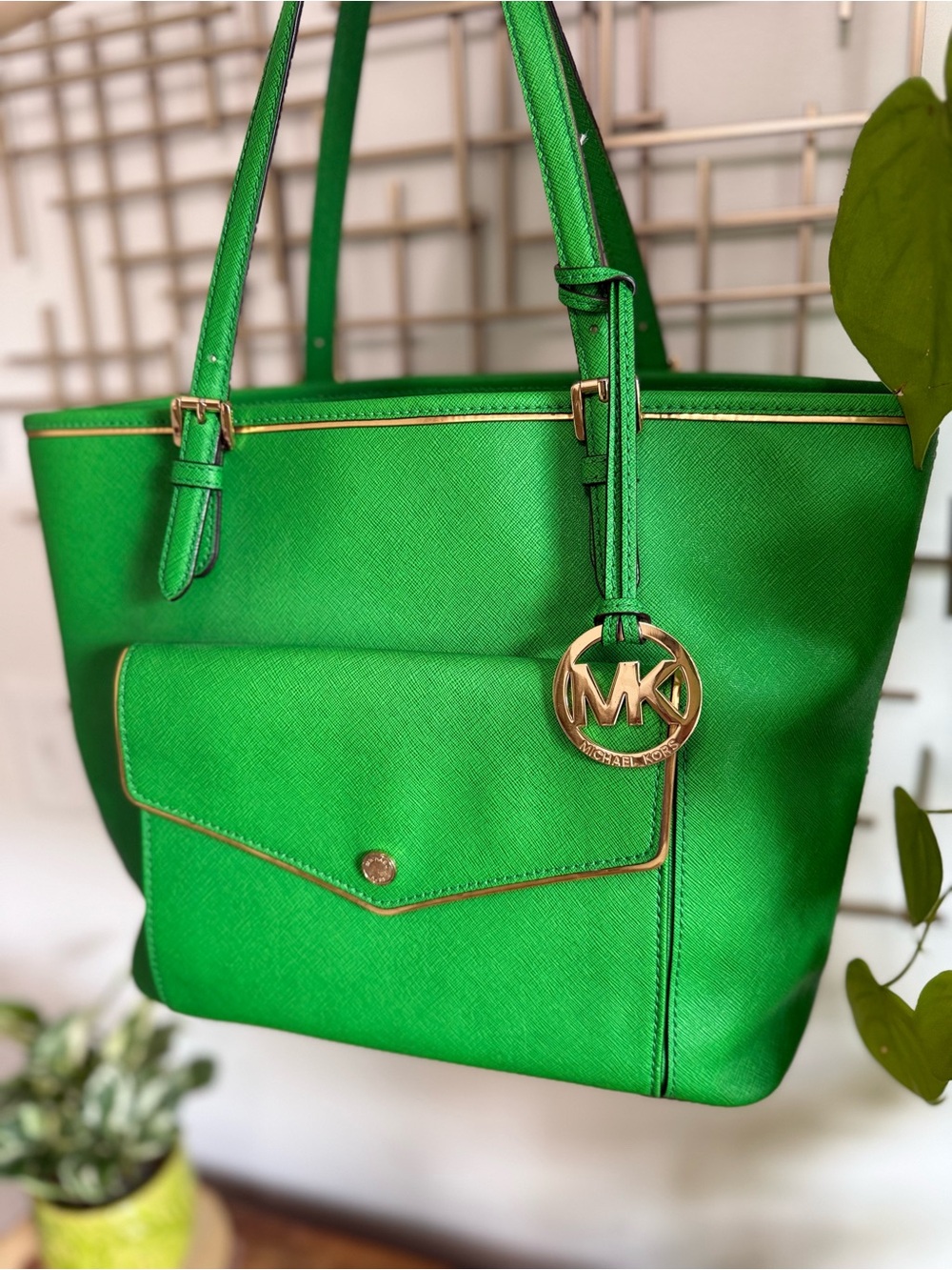 Michael Kors Vibrant Green Saffiano Tote with Gold Hardware